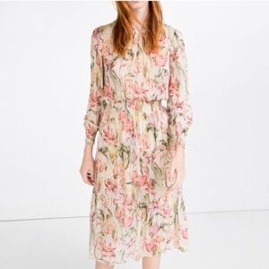 Zara Woman Floral Dress with nude colour slip  Midi Long Sleeve Size S